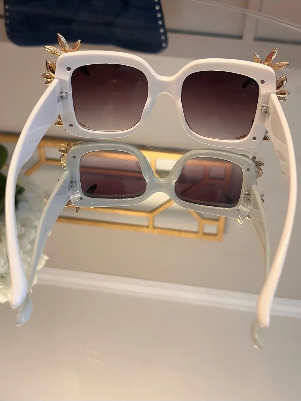 Aldo White Square Sunglasses with Green and Yellow Crystal Accents